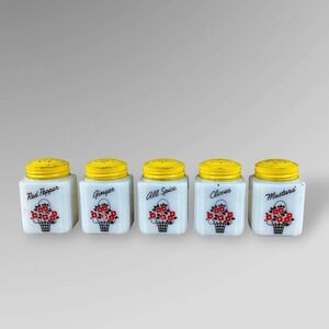 Tipp City Milk Glass Spice Jars Set of 5 Yellow Lids 1930s